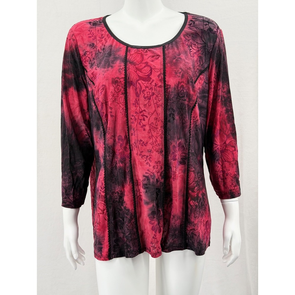 Dressbarn Top Womens 2X Red Black Floral Velvet Burnout‎ Boho Artsy Whimsigoth